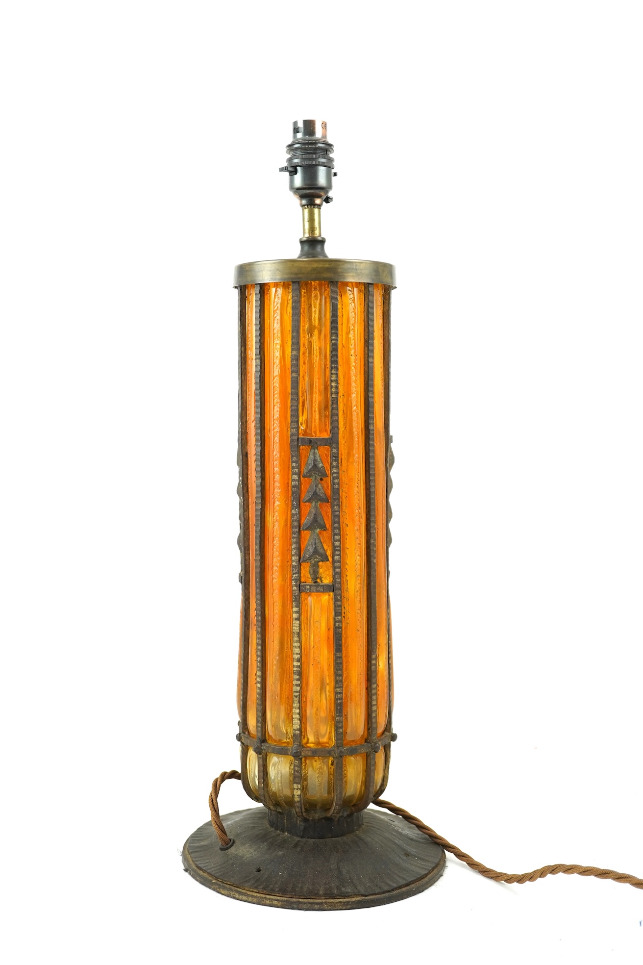 Manner of Daum Frères and Edgar Brandt (French, 1880–1960): A textured glass and cast-iron mounted table lamp